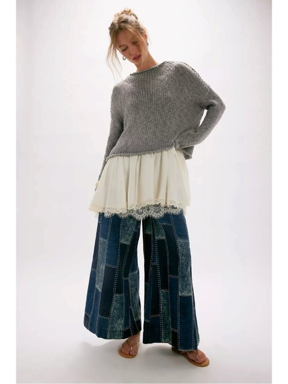 Free People Bohemian 70s Patches Wide Leg Flare Jeans Indigo Patchwork XL